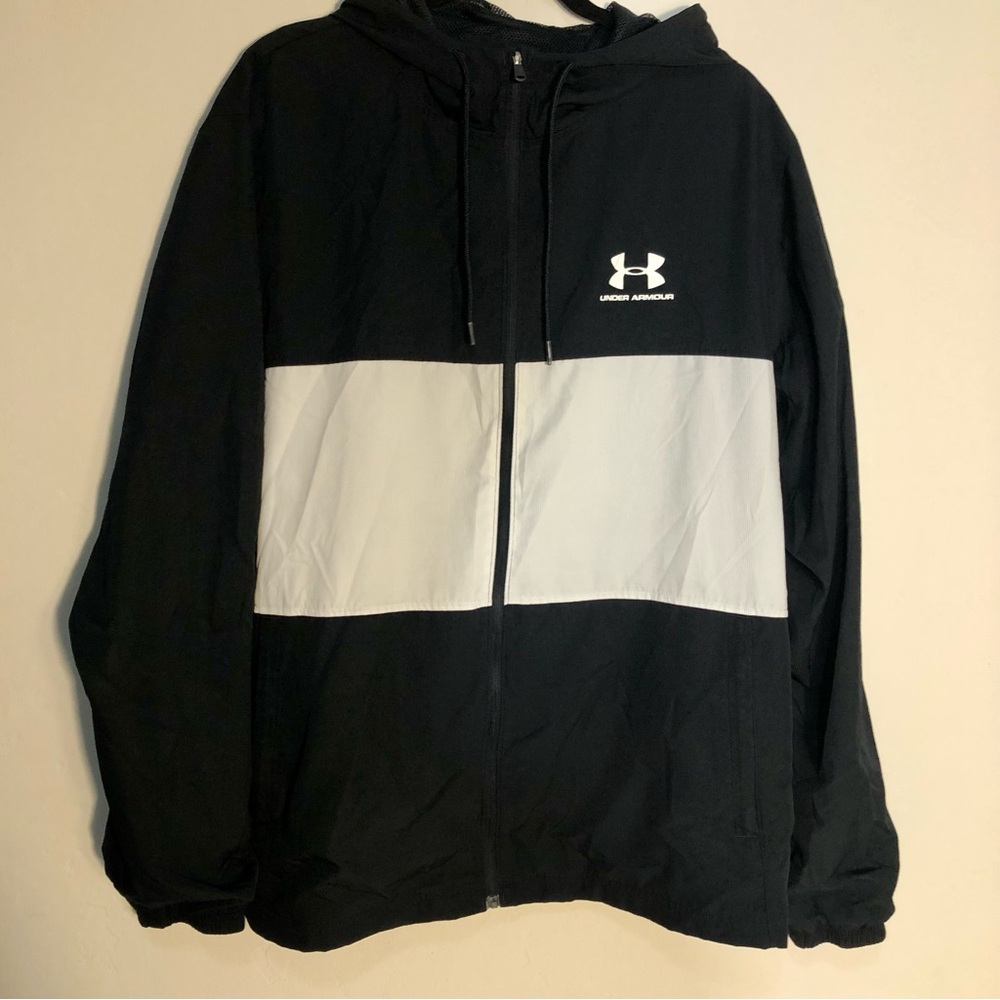 UNDER ARMOUR XL Men's Jacket Activewear Windbreaker Hood Black Full Zip Gym